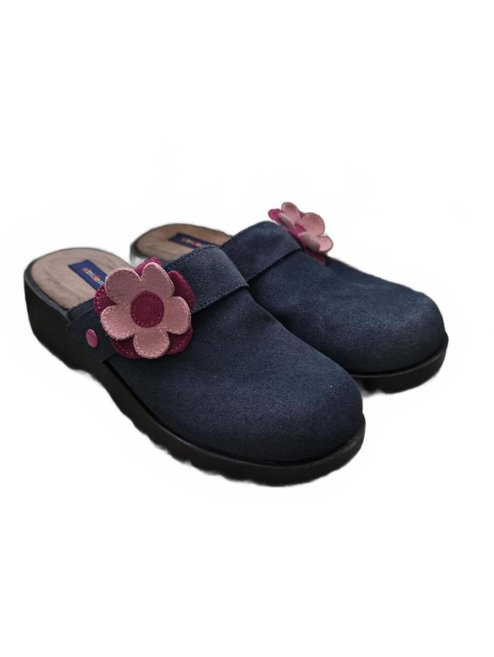 Stride Rite Carrie Navy Blue Suede Slip-On Clogs Flower Sz 1
